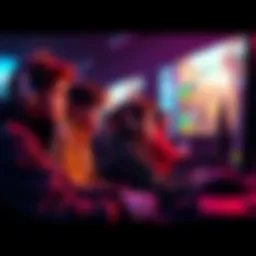 A group of gamers focused on video screens showing new game updates, discussing strategies and gameplay features.