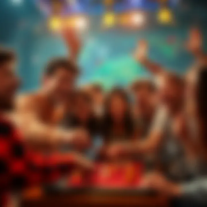 Players enjoying a game Group of people happily playing a fun game together, celebrating their victories