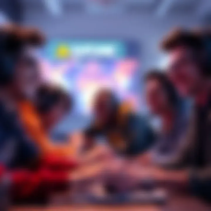 A group of gamers smiling and playing video games, focusing on teamwork and fun