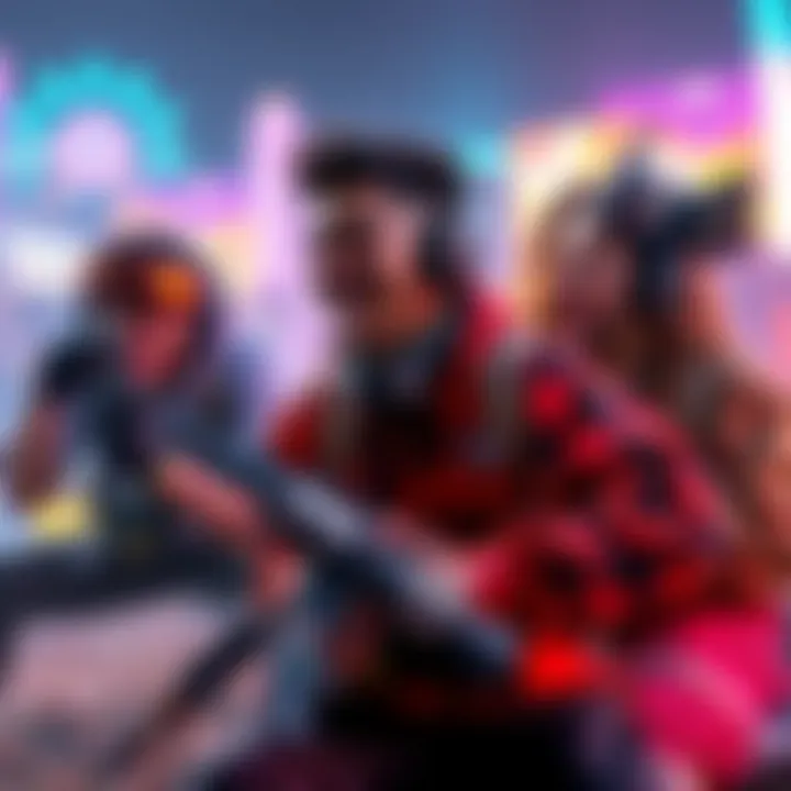 A group of gamers laughing and playing with their favorite ineffective weapons in a colorful digital landscape