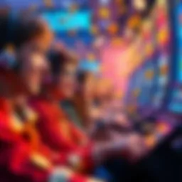 Gamers engaged in the action of the RACCOIN coin pusher game, surrounded by colorful coins and jackpots.