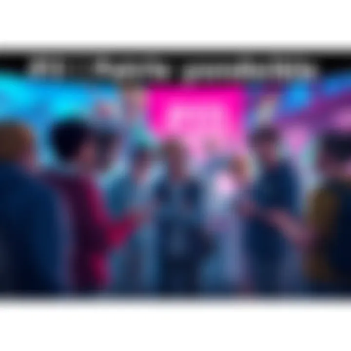 Group of players discussing the upcoming P11 update with visuals of game elements and character designs in the background