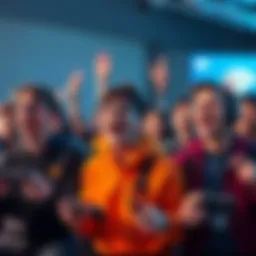 Players Excited to Start Game Group of players showing excitement and nerves as they prepare to start a game, some with controllers in hand, smiling and chatting.