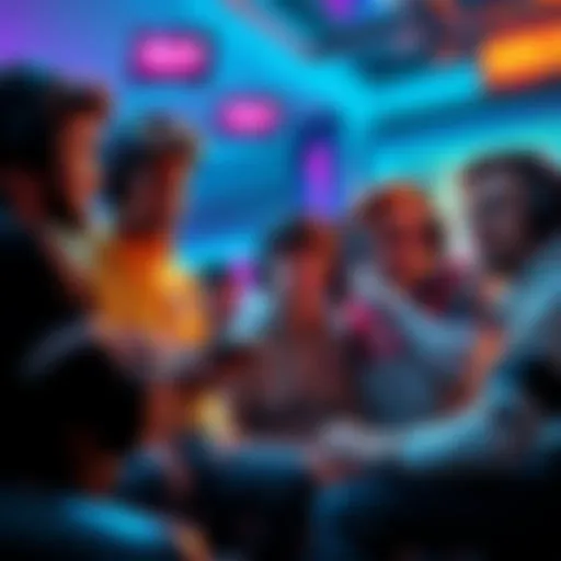 A group of gamers discussing their frustrations with Respawn's focus on stickers over gameplay improvements, in a colorful gaming setting.