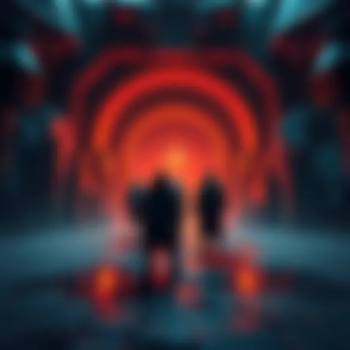 A group of players standing idle at the entrance of a new dungeon while other players actively clear it inside.