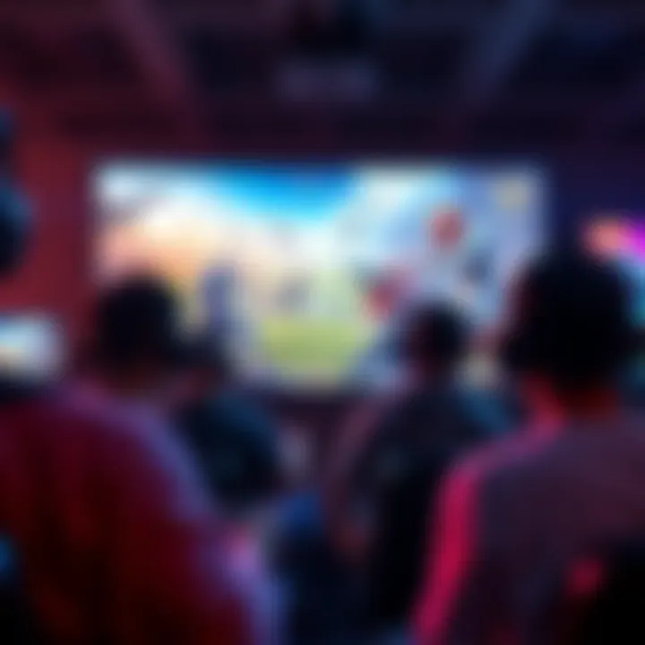 A group of gamers focused on a large screen, showcasing vibrant graphics and action scenes from a popular video game, with controllers in hand.