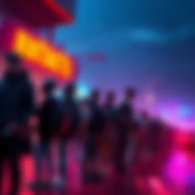 A group of players waiting in a long queue outside a gaming event for character launch day, showing excitement and anticipation.