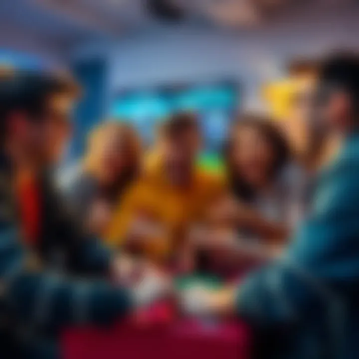 A group of friends sharing funny quotes while playing a game, creating a lively atmosphere filled with laughter.