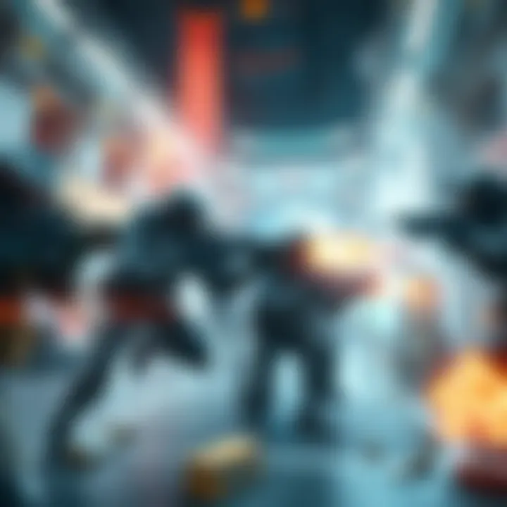 Group of players in a futuristic shooter environment, showcasing intense gunplay similar to Destiny, with UI elements visible and various loot items scattered