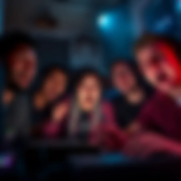 A group of gamers immersed in a dark horror game, showing expressions of surprise and excitement with a dimly lit room and gaming setups around them.