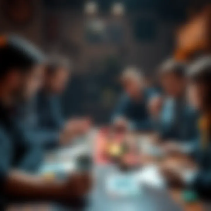 A group of friends gathered around a table, playing a roleplaying game with dice and character sheets.