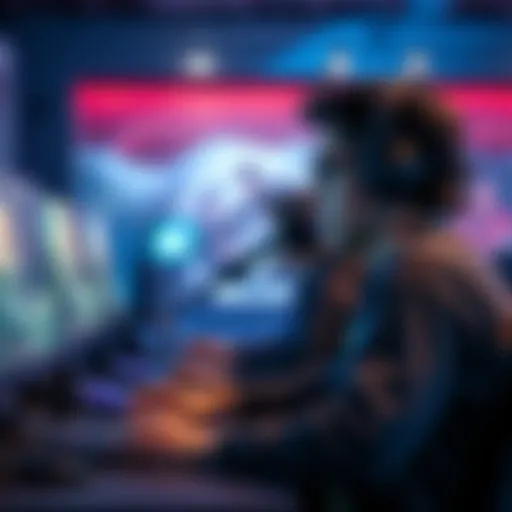 A gamer looking for two skilled teammates to reach Masters rank, with a focus on teamwork and strategy, sitting at a gaming setup with a microphone.