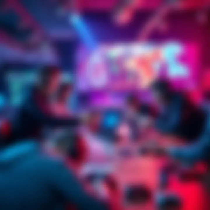 A group of players discussing gaming strategies at a table with laptops and game controllers