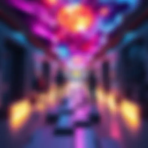 Group of players attempting to find their way through confusing hallways with celestial ceiling and tricky music playing in the background