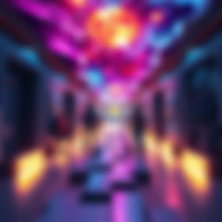 Group of players attempting to find their way through confusing hallways with celestial ceiling and tricky music playing in the background