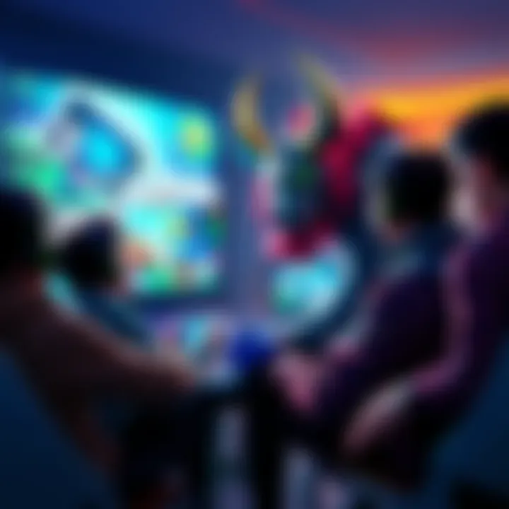 A group of gamers discussing strategies to defeat the Baron in a game, with screens showing gameplay in the background