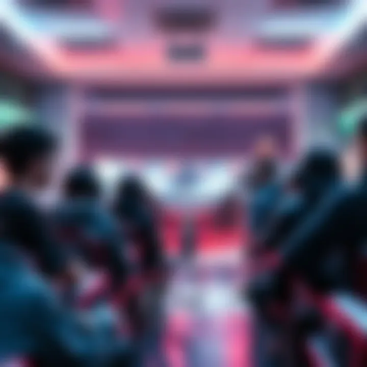 A group of players gathered in a brightly lit spawn room, discussing strategies before the game starts, with gaming consoles and screens in the background