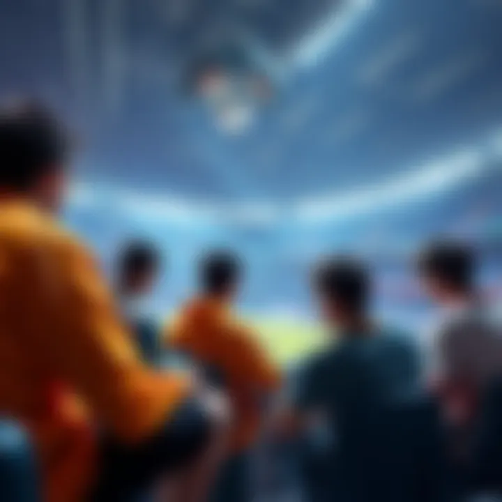 A group of players discussing strategies in a vibrant stadium environment, showcasing their focus and teamwork during gameplay.