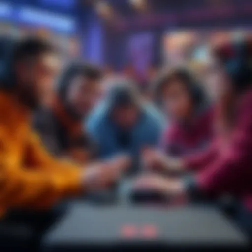 A group of diverse gamers collaborating on a strategy while playing video games together