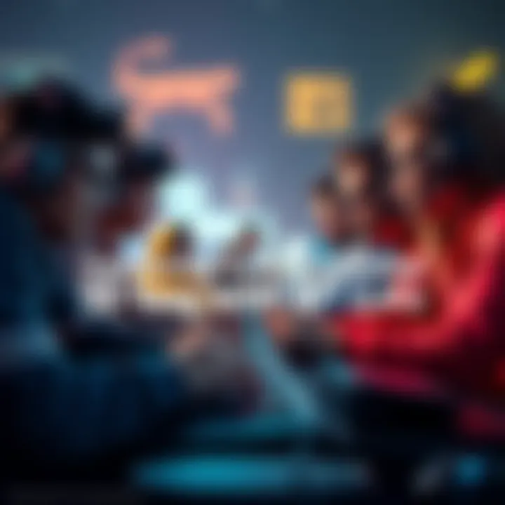 Players Teaming Up in Gaming A group of gamers working together on a gaming console, focused on completing a challenging mission with determined expressions.