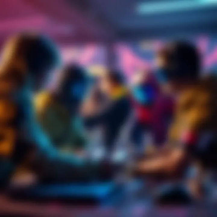 Players trading cosmetic skins Group of gamers exchanging unused skins among friends