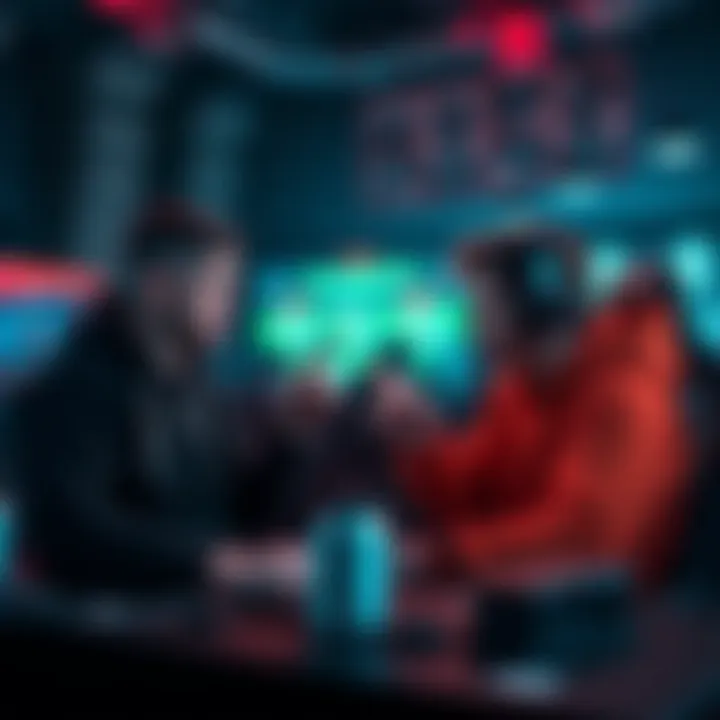 Two players sitting at gaming stations, one looking frustrated while the other gestures in disagreement over game points