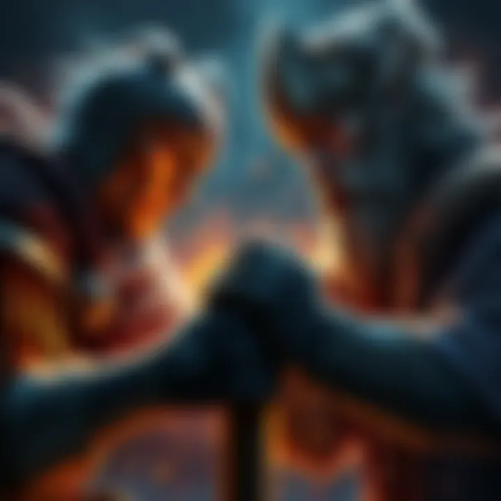 Two players engage in an intense fight against Bödvar and Starólfr, showing expressions of concentration and determination at level 5.