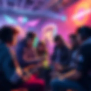 Group of gamers discussing DropZone update in a vibrant gaming environment