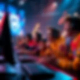 A group of gamers cheering and typing on their computers after a match, showing satisfaction with the game outcome.