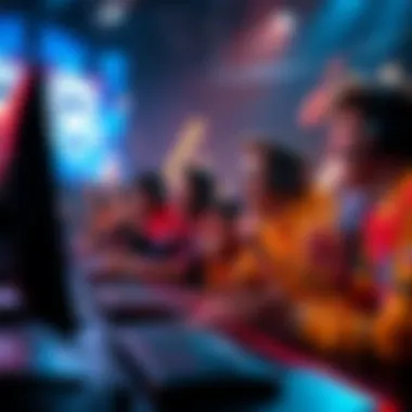 A group of gamers cheering and typing on their computers after a match, showing satisfaction with the game outcome.