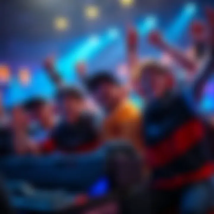 Players celebrating their rank-up A group of gamers celebrating the transition from bronze rank to grand champion, with joyful expressions and gaming gear around them