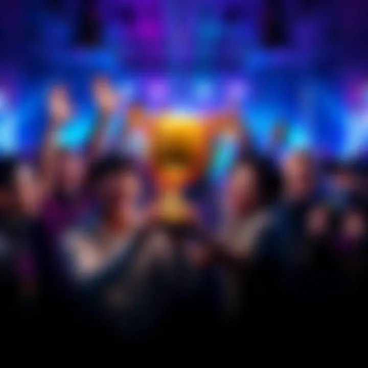 A diverse group of gamers joyfully celebrating after unlocking a rare trophy, showcasing their excitement and unity in a gaming environment.