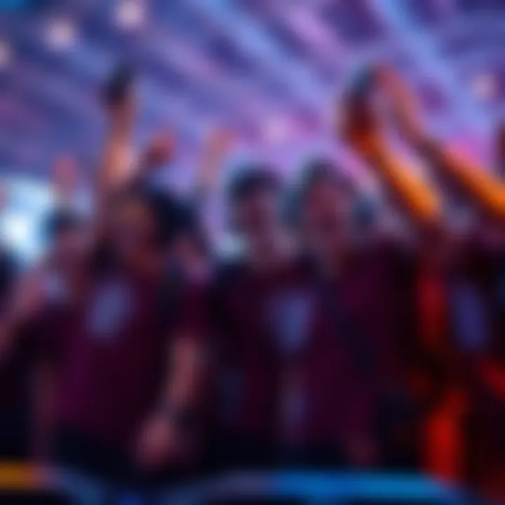 A group of gamers cheering after a successful match, showing joy and excitement.