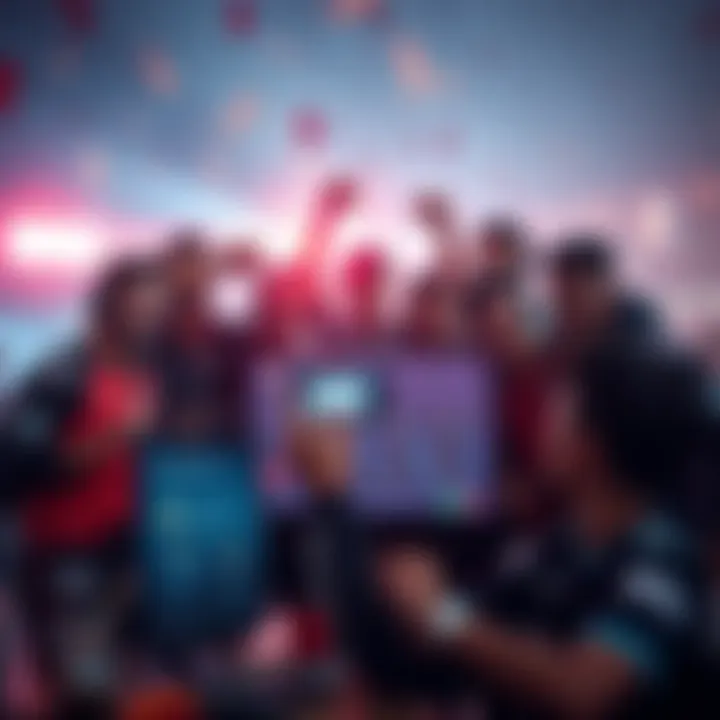 A group of players celebrating their victory after achieving a high number of assists in a multiplayer game. They are gathered around a screen showing match statistics.