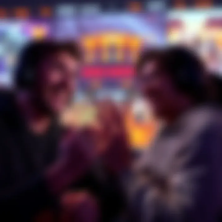 Two gamers smiling as they celebrate completing Zombie Genocider together, with a background showing game graphics and trophies on screen