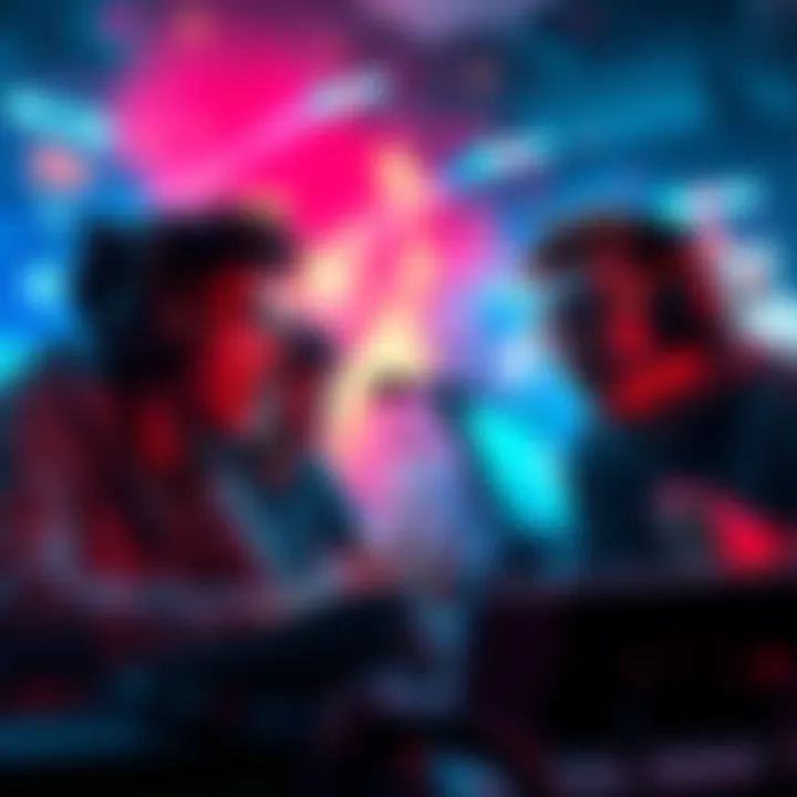 A group of players experiencing intense action in a video game, showing excitement and focus amidst chaos on the screen.