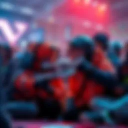A group of players working together to achieve PvP goals in a gaming environment, showcasing teamwork and strategy, with a medic drone assisting them.