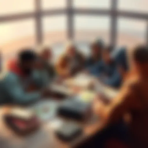 A group of players sitting around a table, discussing different RPG adventure books and maps, with dice and character sheets spread out.