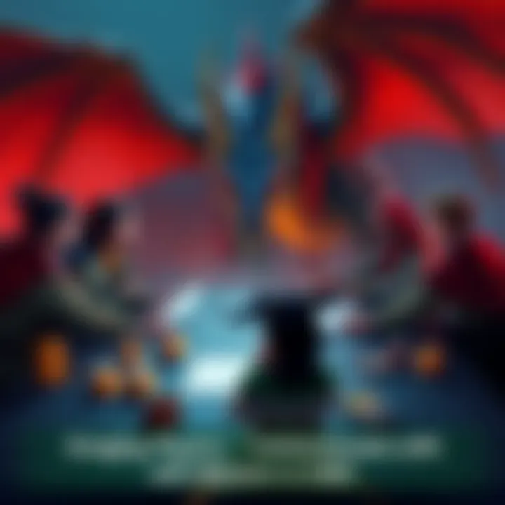 Players sitting around a table, discussing strategies to communicate with a friendly dragon, with dice and character sheets in front of them