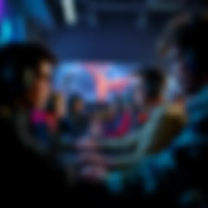 A group of gamers intensely focused on their screens, showcasing different characters in action during a competitive match