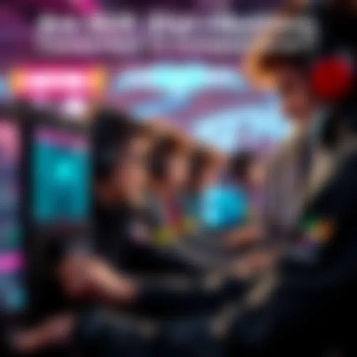 A group of gamers intensely focused on their screens during a competitive gaming match, showcasing teamwork and strategy.