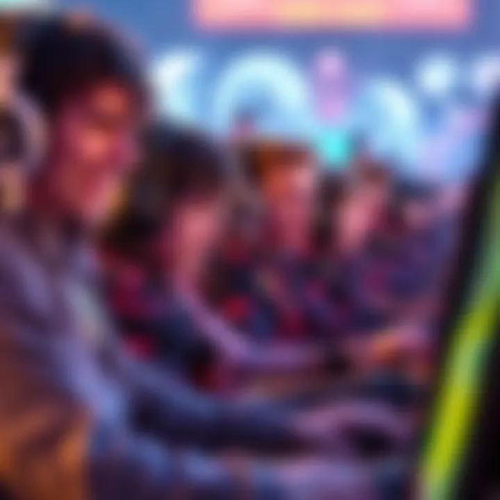 A group of gamers intensely focused on their screens during a competitive match, showing varied expressions of concentration and excitement