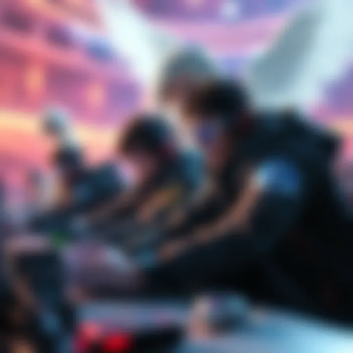 A group of gamers in a digital arena, focusing on outpacing an enemy healer character named Mercy during a fast-paced match.