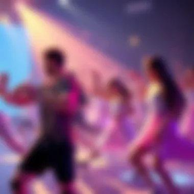 A vibrant group of players participating in a dance challenge within the game Stella, showcasing joy and creativity