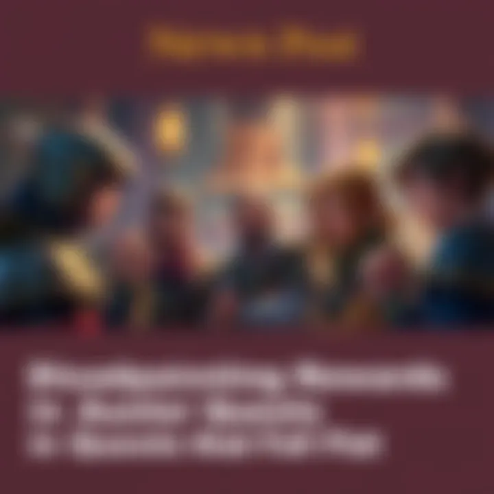 A group of players discussing their dissatisfaction over rewards from a game quest, featuring game elements like books and loot in the background.