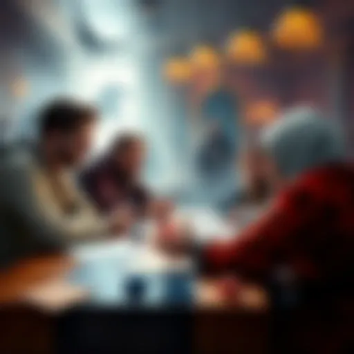 A group of tabletop players discussing a new ruling on critical hits in a lively game setting, with dice and character sheets on the table.