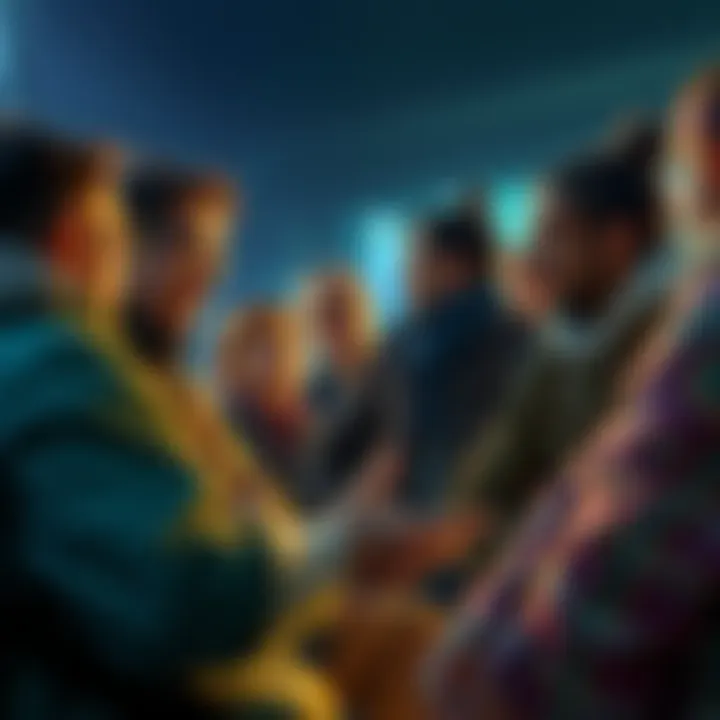 A group of players sharing experiences about the DH release in Wild, with one player gesturing passionately while others listen.