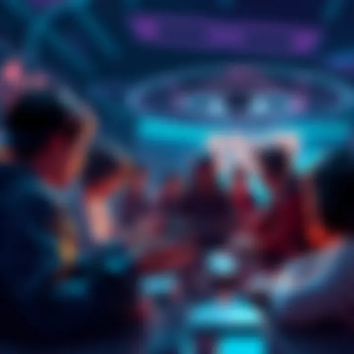 Players discussing game purchases A group of people talking about video game characters they regret buying, with a focus on an alien-like figure representing the Xenomorph.