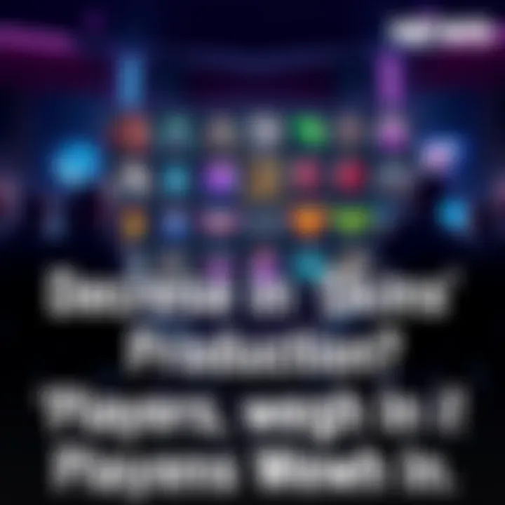 Players discussing game skins A group of players chatting about the decline in game skin releases, with various game skins displayed on a screen in the background