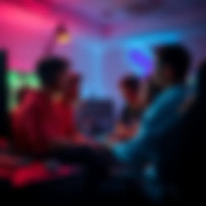 Group of gamers talking about the issue of smurfing in online games, with gaming equipment around them